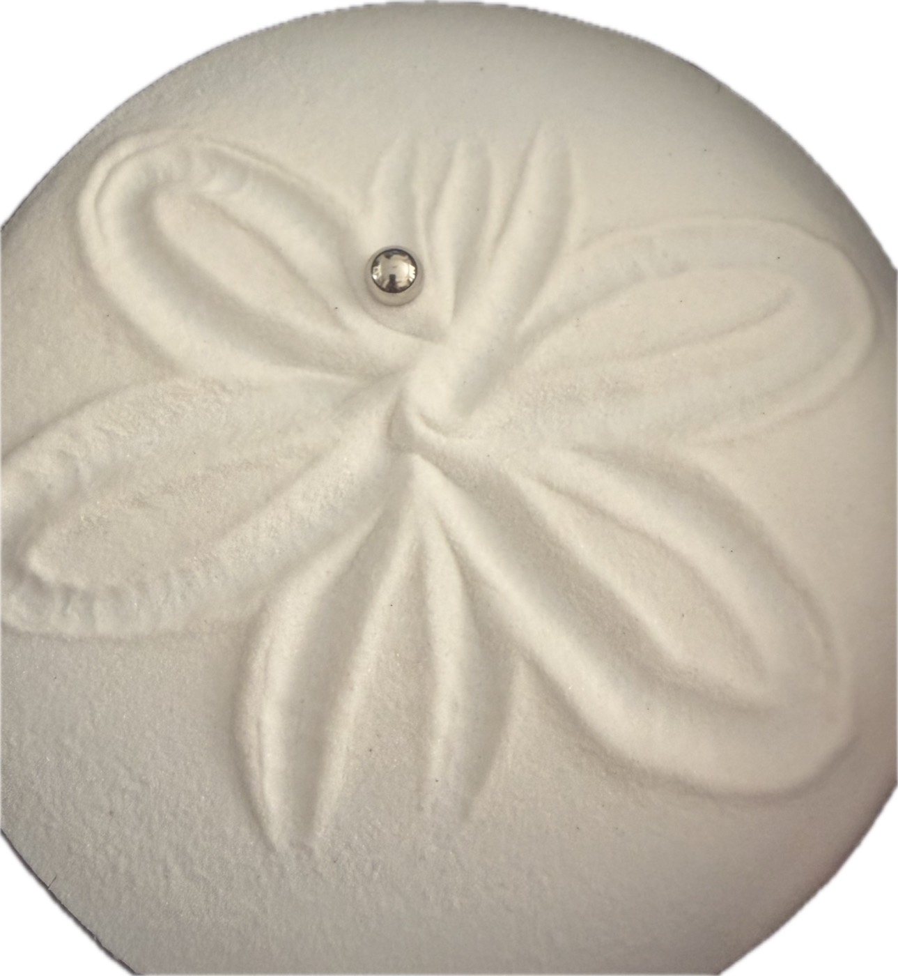 A rose curve drawn in white sand: several rounded petals meeting at the
centre, with the steel ball resting near the top.